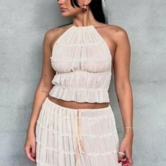 Beige Boho Women's Sexy Backless pleated Transparent Halter Neck top & skirt set - Picture 6 of 8